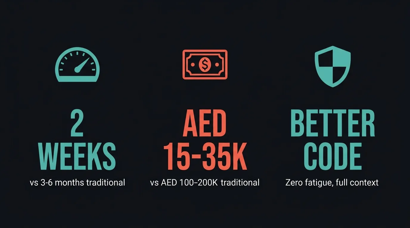 Three pillars of agentic development: 2 weeks vs 3-6 months, AED 15-35K vs AED 100-200K, better code with zero fatigue and full context