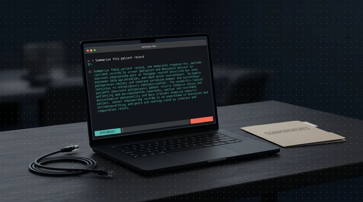 A developer laptop with its network cable unplugged, running a local AI assistant in a terminal window alongside patient-record-style documents