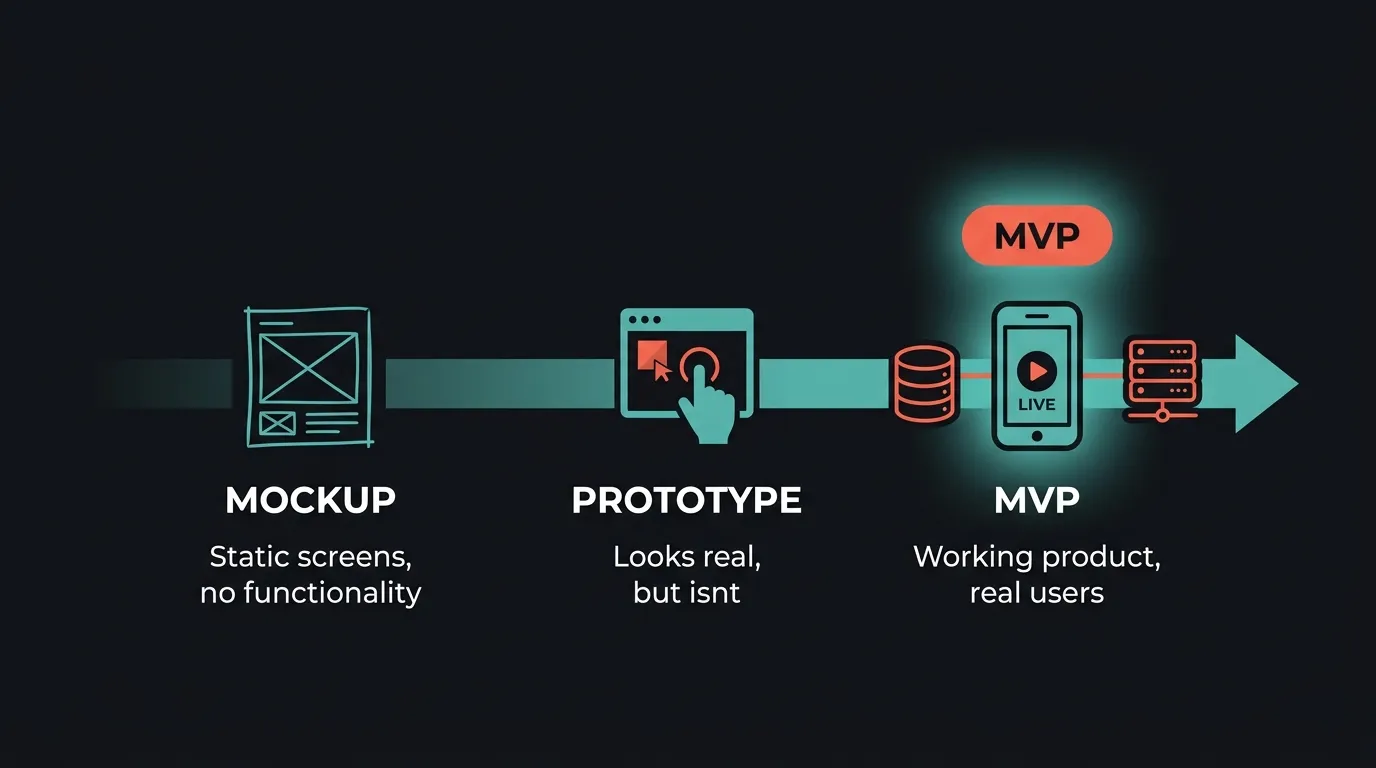 Progression from mockup to prototype to MVP — showing that an MVP is a working product with real users, not just a design