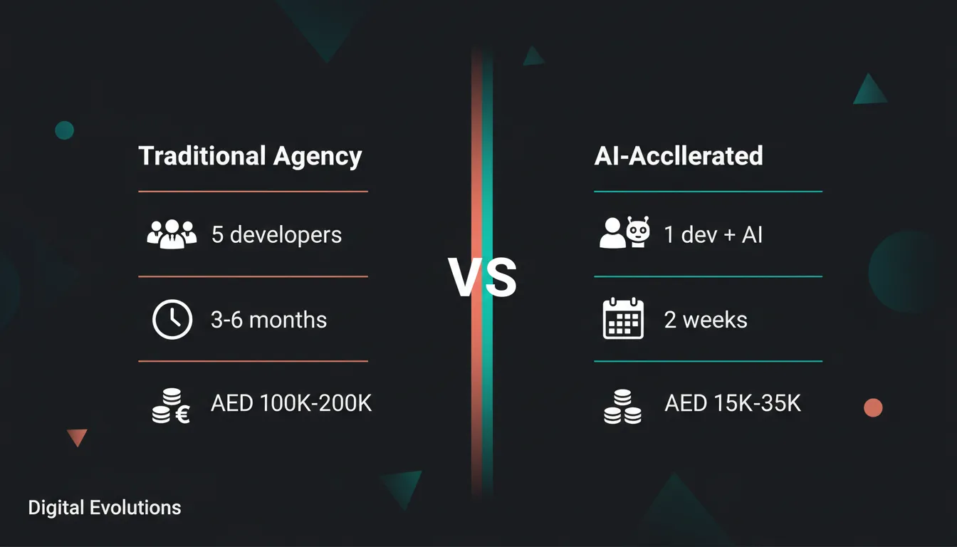 Traditional agency (5 developers, 3-6 months, AED 100K-200K) versus AI-accelerated development (1 dev + AI, 2 weeks, AED 15K-35K)