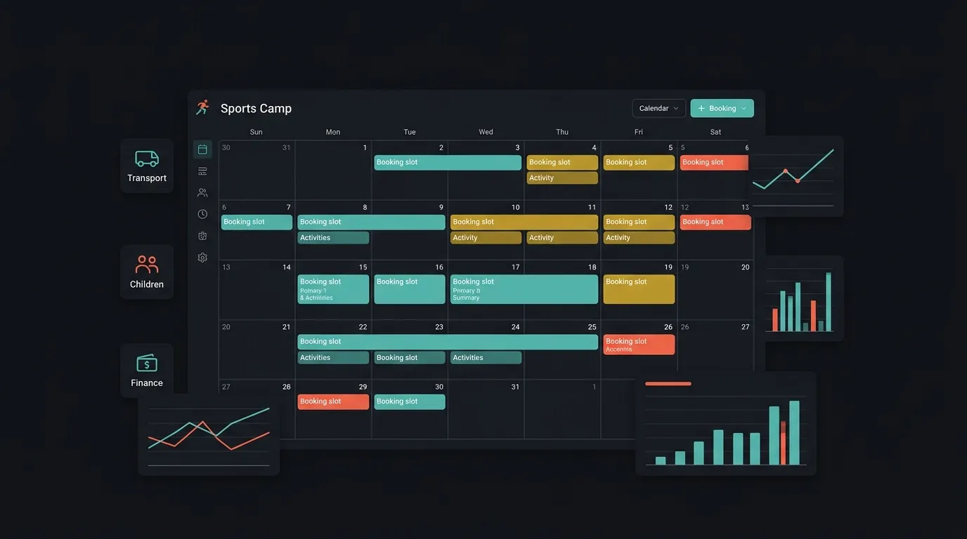 Sports camp booking dashboard with calendar and operations modules