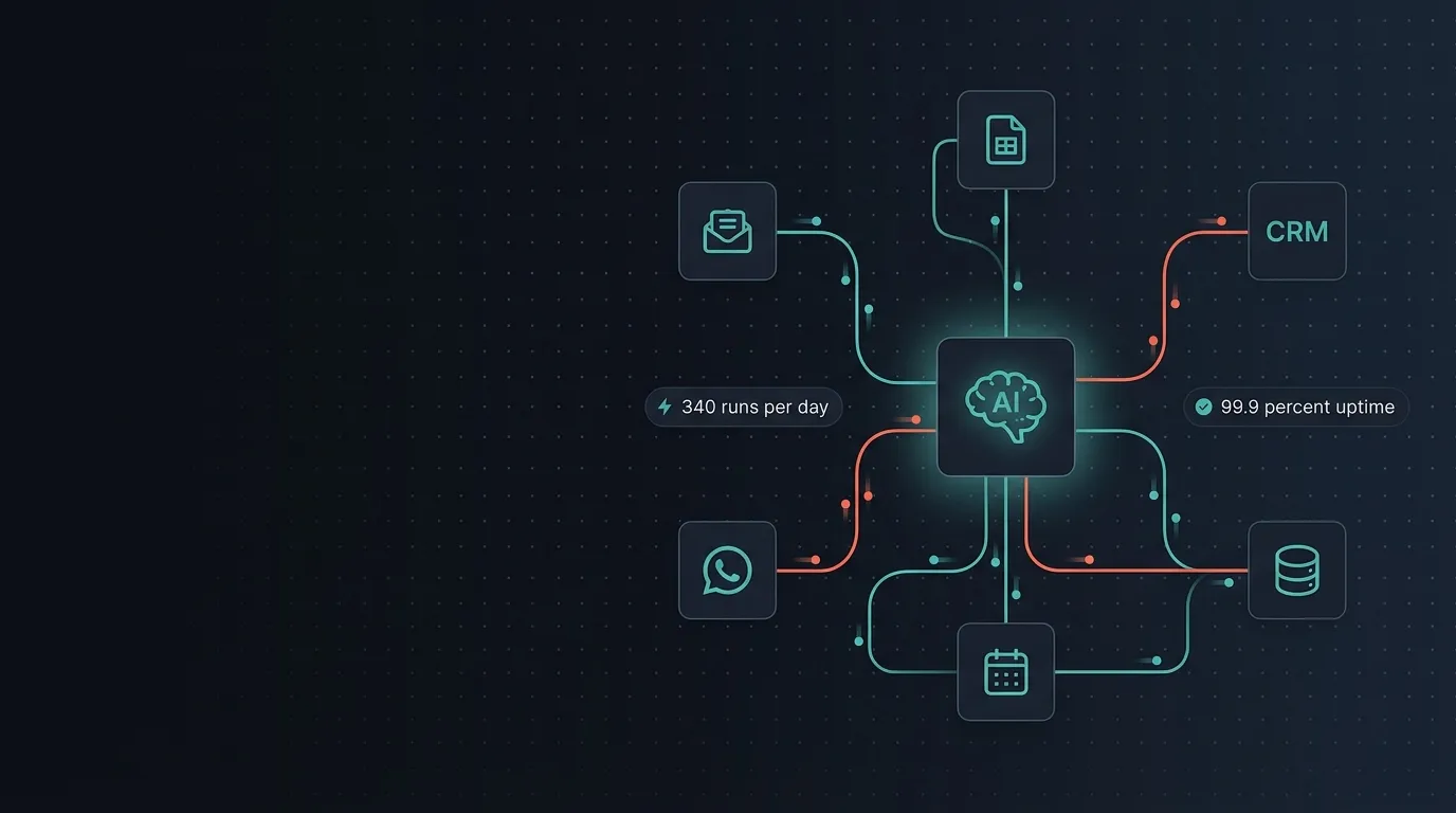 Business automation workflow with AI hub connecting email, CRM, WhatsApp, spreadsheets, and database
