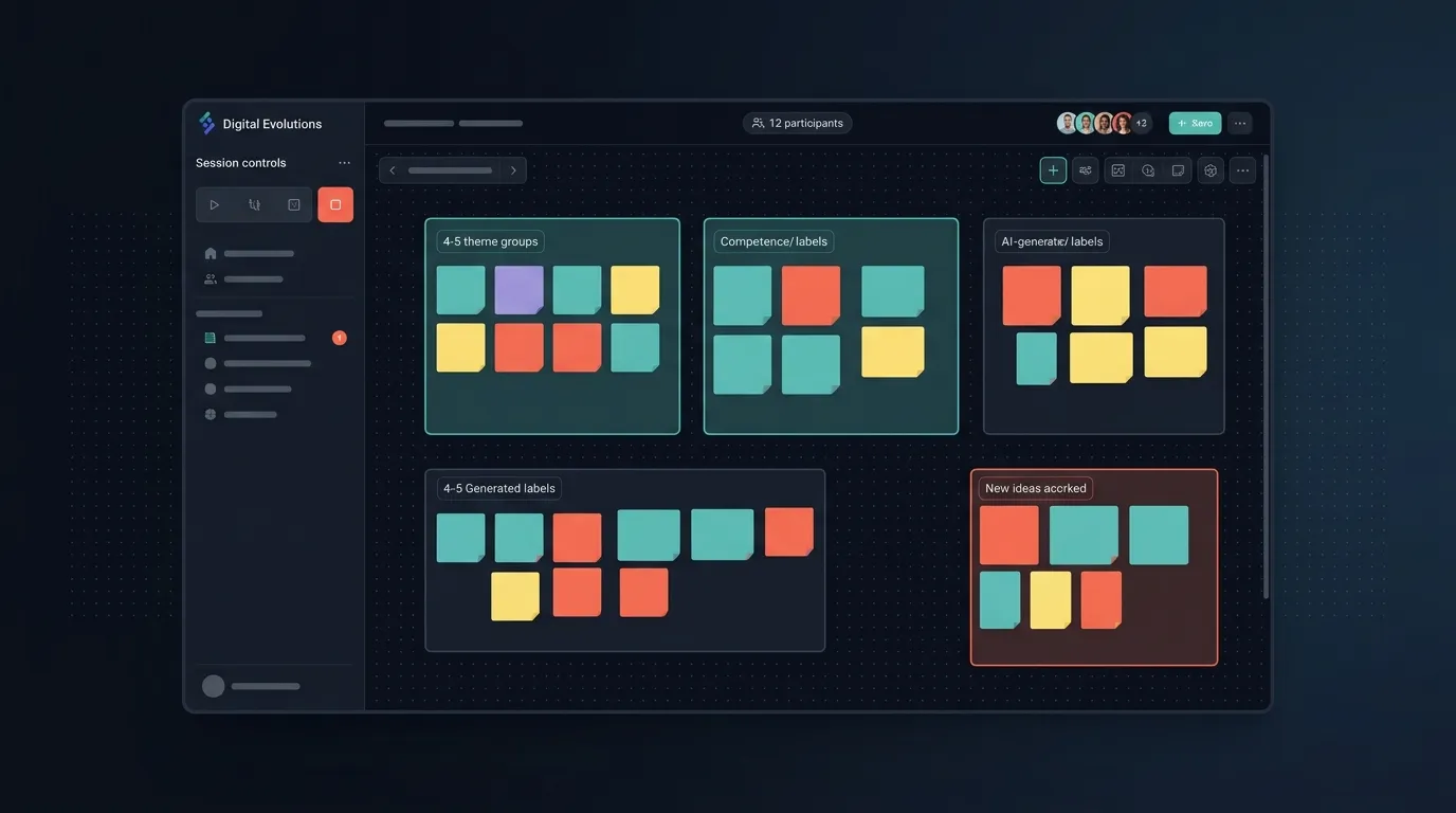 ThinkPool brainstorming platform dashboard with AI-clustered idea cards and 12 active participants