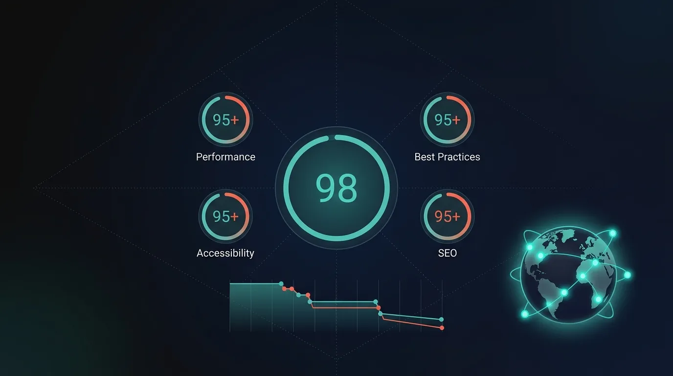 Website performance dashboard showing Lighthouse score 98 with global CDN edge deployment